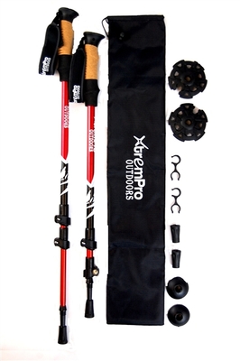 Hiking Trekking pole light 7075 aluminum quick flip lock safety cork handle - red