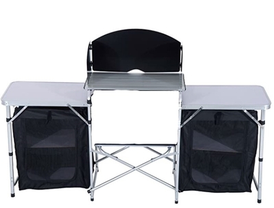 Portable Camping Kitchen Table Cooking Windscreen Heat Resistant Tabletop Zipper Storage Cabinets